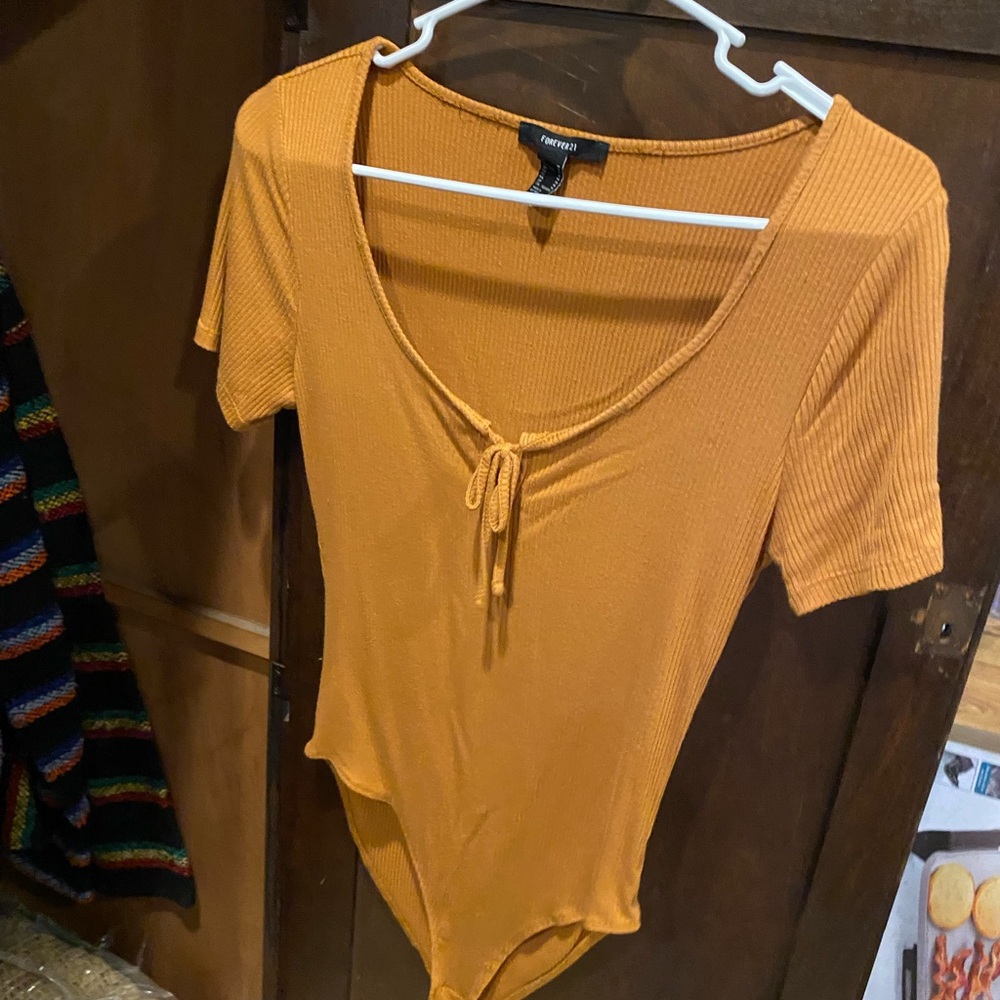 Forever 21 Mustard Ribbed Tie-Front Short Sleeve Bodysuit